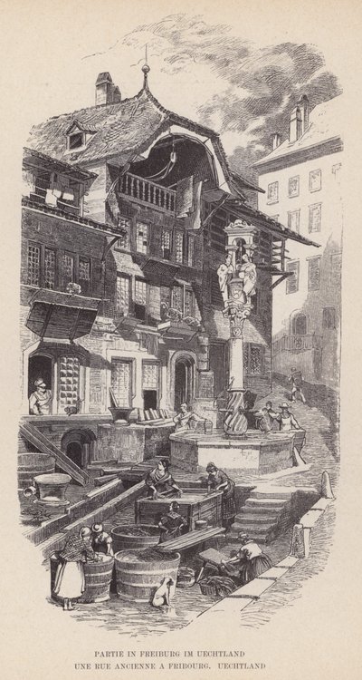 Part of Freiburg im Uechtland, An Old Street in Fribourg, Uechtland (engraving) by Swiss School
