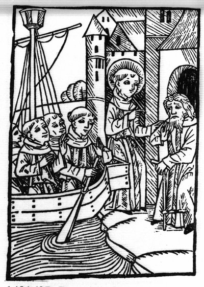 The legend of Saint Brendan (Brandan), hero and Irish saint of the 6th century. The saint meets the former Haylbray and understands that he has returned to Scotland. Engraving of 