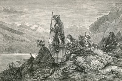 Tourists resting on the Alps by Swiss School