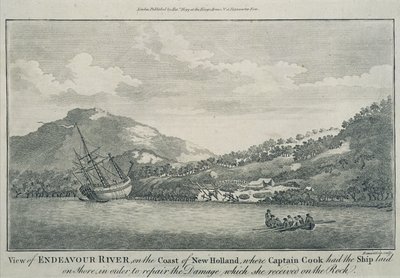 Captain Cook having the Endeavour repaired in a harbour on one of the Hope Islands - Engraving by Sydney (after) Parkinson
