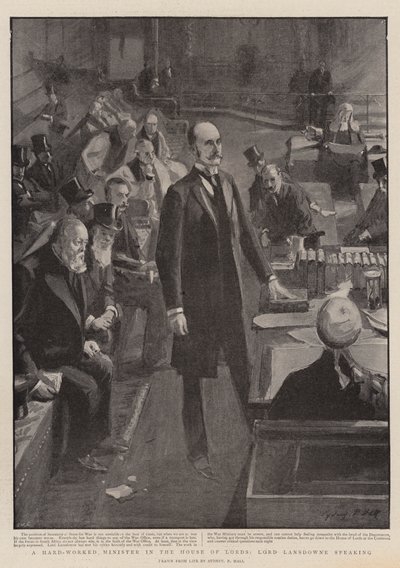 A Hard-Worked Minister in the House of Lords, Lord Lansdowne speaking by Sydney Prior Hall