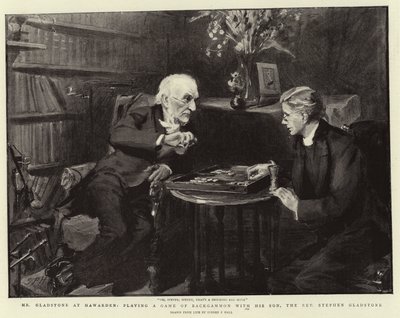 Mr Gladstone at Hawarden, playing a Game of Backgammon with his Son, the Reverend Stephen Gladstone by Sydney Prior Hall