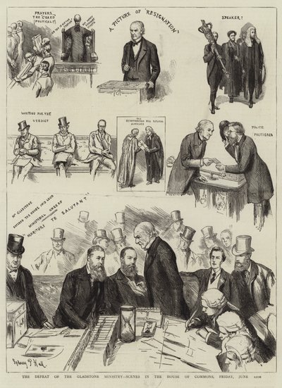 The Defeat of the Gladstone Ministry, Scenes in the House of Commons, Friday, 12th June by Sydney Prior Hall