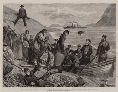 Tourists in the Western Highlands, Passengers embarking at Loch Scavaig after visiting Loch Coruisk by Sydney Prior Hall