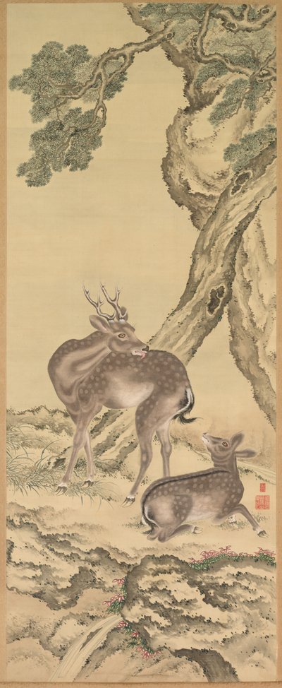 Symbols of Longevity: Deer under Peach and Pine (left), Pair of hanging scrolls by Tadanaka Toda