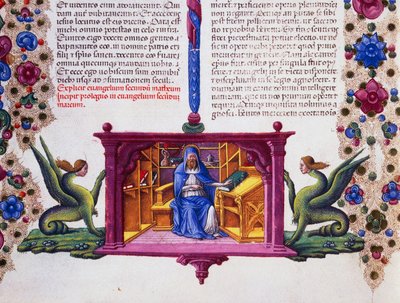 Border frieze at foot of page with St Matthew the Evangelist, Volume II f 148, v, Bible of Borso d