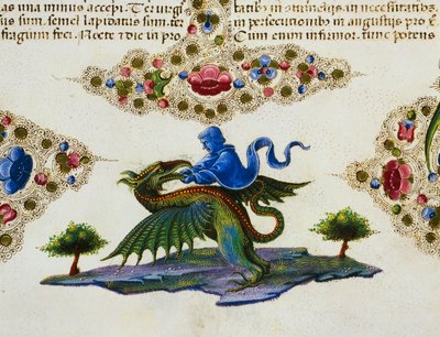 Border frieze at foot of page with figure of genius and winged monster, Volume II, Bible of Borso d