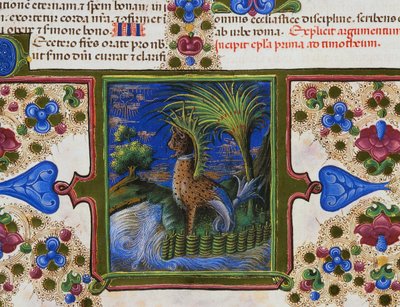 Border frieze with monstrous animal in landscape, Volume II, Bible of Borso d