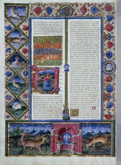Incipit of the book of Jeremiah depicting the prophet in a lettrine, from the Bible of Borso d