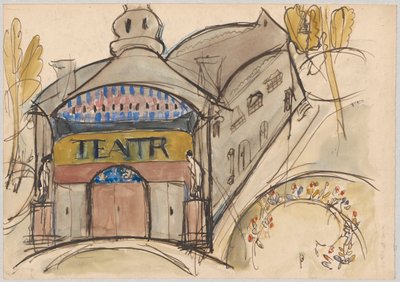 Fantastic building with the inscription "Theatre" by Tadeusz Makowski