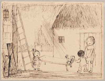 Three Children with a Rooster in the Yard by Tadeusz Makowski