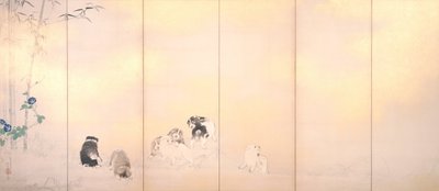 Screen of Wisteria and Morning Glory with Dogs by Takeuchi Seiho