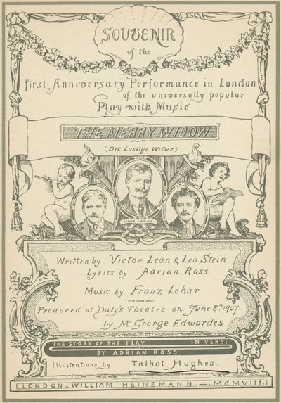 Title-page of Souvenir of the first Anniversary Performance in London of The Merry Widow by Talbot Hughes