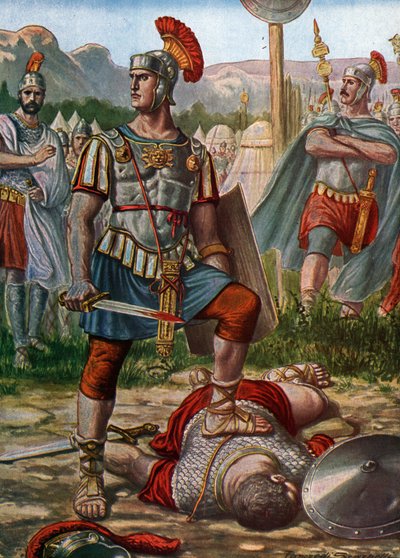 Roman Antiquity: Consul Titus Manlius Imperiosus Torquatus defeating a Gallic in 361 BC (Illustration by Tancredi Scarpelli) by Tancredi Scarpelli