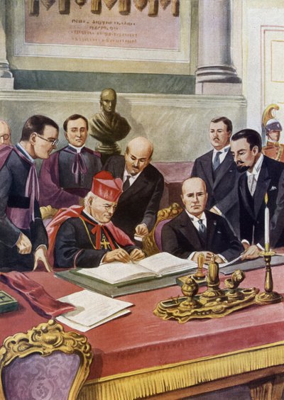 Signing of the Lateran Agreements between the Italian Government (Fascist) and the Holy Vatican Siege, Guaranteeing the Sovereignty of the Pope in the Vatican and Formalizing the Catholic Religion in Italy: Cardinal Pietro by Tancredi Scarpelli