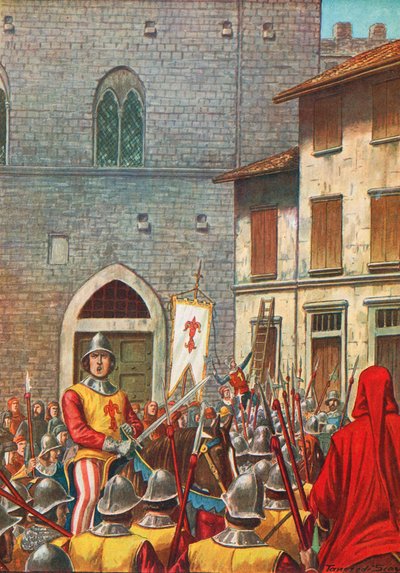 The house of Corso Donati attacked by Florentines after he is condemned as a rebel and traitor by Tancredi Scarpelli