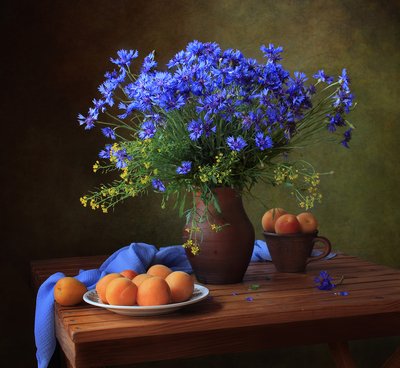Blue Cornflowers And Apricots by Tatyana Skorokhod