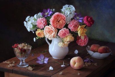 Floral Still Life with Peaches by Tatyana Skorokhod