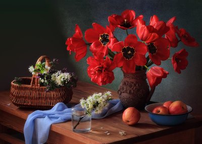 Red Tulips Country Still Life by Tatyana Skorokhod