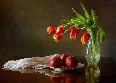 Red Tulips and Pomegranates by Tatyana Skorokhod
