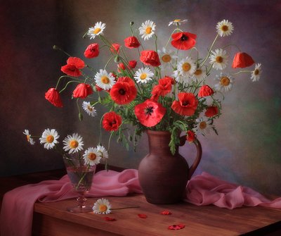 Rustic Poppy Daisy Bouquet by Tatyana Skorokhod