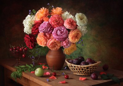 Vibrant Roses and Fresh Fruit by Tatyana Skorokhod