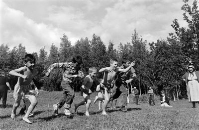 Boys in Foot Race During Picnic Next to Matanuska River in Palmer, Alaska by Ted Spiegel