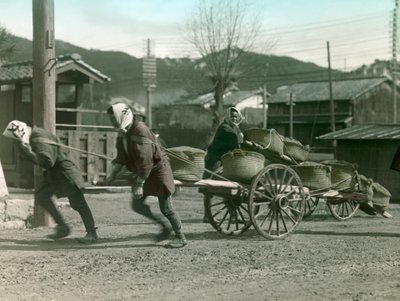 Japanese Peasants Pulling Sacks of Rice on a Cart, circa 1900 - 1915 by Teijiro Takagi