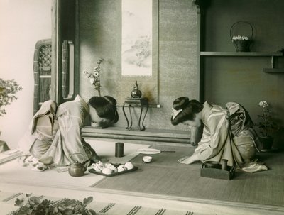Two Japanese Women in Traditional Costume Greeting Each Other Before the Tea Ceremony, circa 1900 - 1915 by Teijiro Takagi