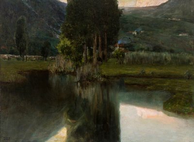 Lake with cypresses and houses, 1923 by Teodoro Wolf Ferrari