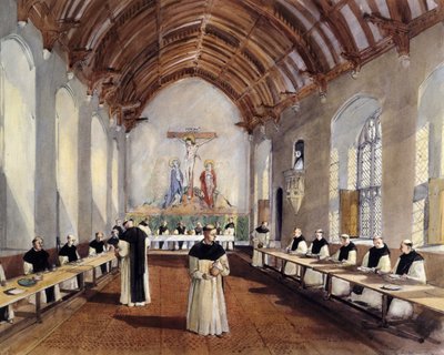 Reconstruction drawing of the refectory of the Cistercian monastery of Cleeve Abbey by Terry Ball