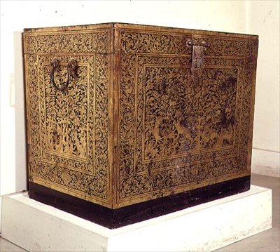 Black lacquer coffer with gilded decoration, possibly Buddhist scripture box, made at Ayudhya, Thailand by Thai School