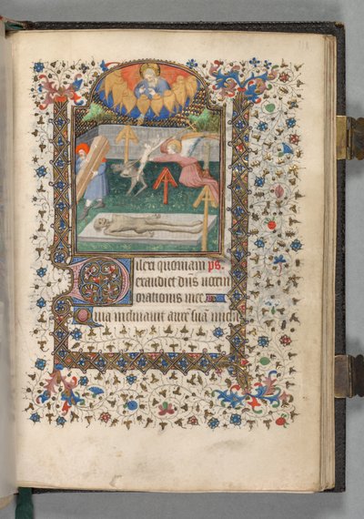 Book of Hours (Use of Paris): Fol. 118r, Angel and Devil Fighting over a Soul by The Bedford Master