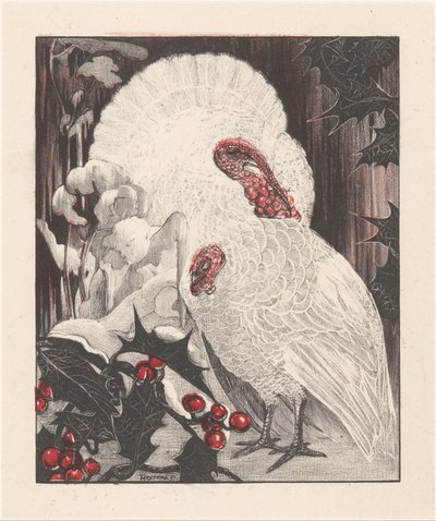 Two White Turkeys by Holly Branches in the Snow by Theo van Hoytema