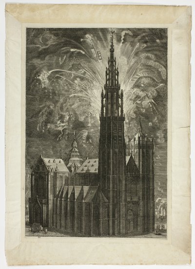 Firework around the Antwerp Cathedral, plate 41 from Casperius Gevartius, Pompa Introitus Honori Serenissimi Principis Ferdinandi by Theodoor van Thulden