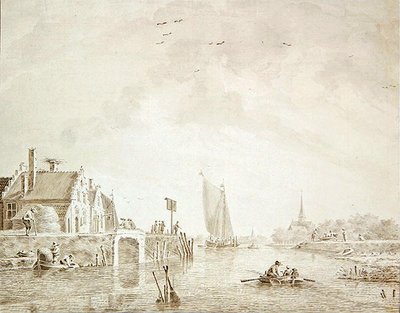 Shipping in an Estuary by a Village with a City in the Distance by Theodor Verrijk