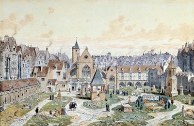 View of the Cemetery of the Innocents in Paris in 1550 by Theodor Josef Hubert Hoffbauer