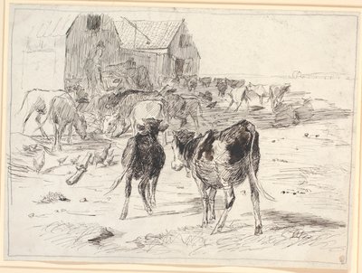 Hay harvest on Saltholm. Calves flock around wagons by the barn by Theodor Philipsen