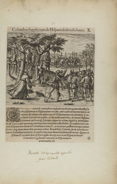 Columbus Takes Punishment from the Rebellious Spaniards, from book Americae, part four by Theodor de Bry