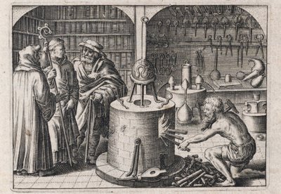 Three Scholars Conversing in the Alchemy Workshop, with Furnace and Instruments by Theodor de Bry