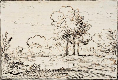 Landscape with Three Tall Trees by a Riverbank by Theodore Rousseau