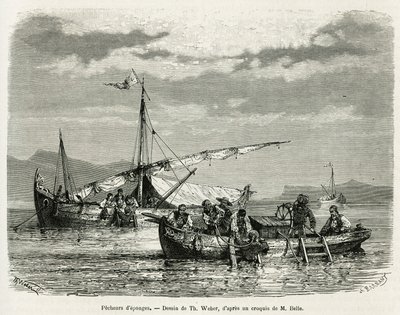 Sponge fishermen in the Gulf of Nafplio (drawing of Th. Weber, to illustrate the story of a trip to Greece in 1861, 1868 and 1874 by Henri Belle. Engraving in 