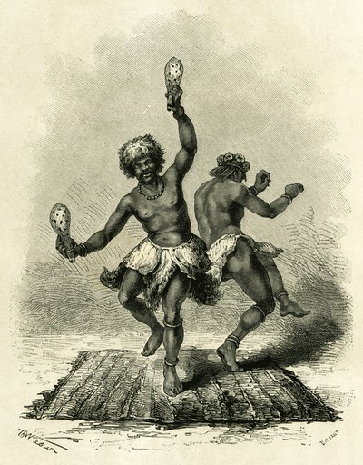 The Prophetic Dance, especially for the Masoupias tribe, lasts all day long, accompanied by drums, songs and claps of hands, the two dancers perform their dance until complete exhaustion, and when they fall unconscious, they leave the fateful words of a hu by Theodore Weber