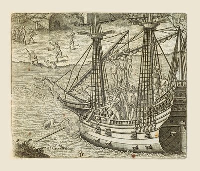Bartolomeo Diaz Hanging Some Indians on Caravel, from Americae pars quarta, by Girolamo Benzoni by Theodore de Bry