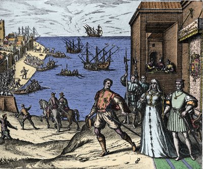 Christopher Columbus and the Pinzon brothers leaving the port of Palos in Spain on 03/08/1492 for the New World. Right The King and Queen of Portugal Catholic Ferdinand II of Aragon and Isabella I of Castile. Engraving by Theodore de Bry in Admirante by Theodore de Bry