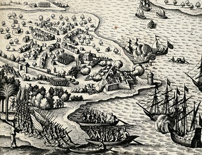 Dutch expedition along coast of Mozambique, engraving from India orientalis by Theodore de Bry