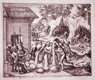 History of America: the Spanish exploit the gold mines (Engraving) by Theodore de Bry