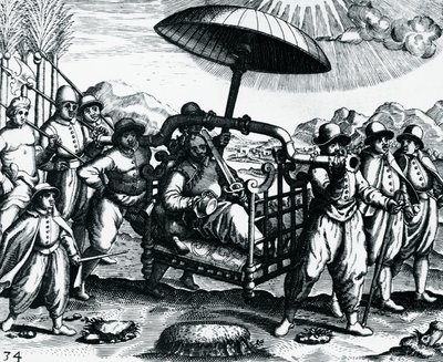 Portuguese in India, being transported on litter, engraving from Peregrinationes by Theodore de Bry