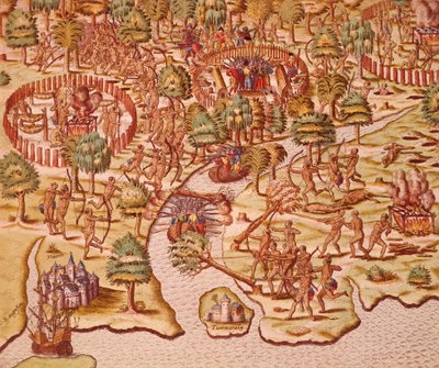 Siege and Attack Tactics in Clashes Between Natives and Conquerors by Theodore de Bry