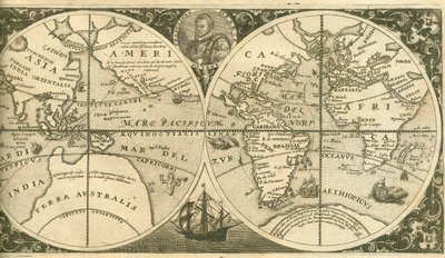 Title page of Americae Pars VIII with a portrait of Francis Drake and his ship, the Golden Hind by Theodore de Bry